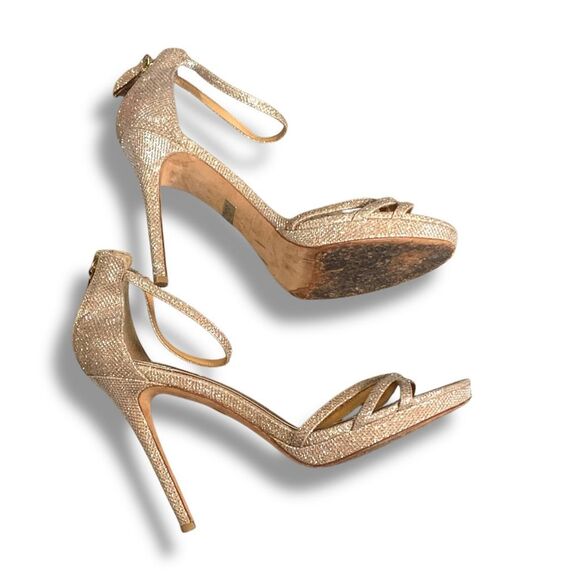 Badgley Mischka Gold Glitter Heels Size 9 Zip Back Strappy Platform Stilettos - Picture 3 of 11
